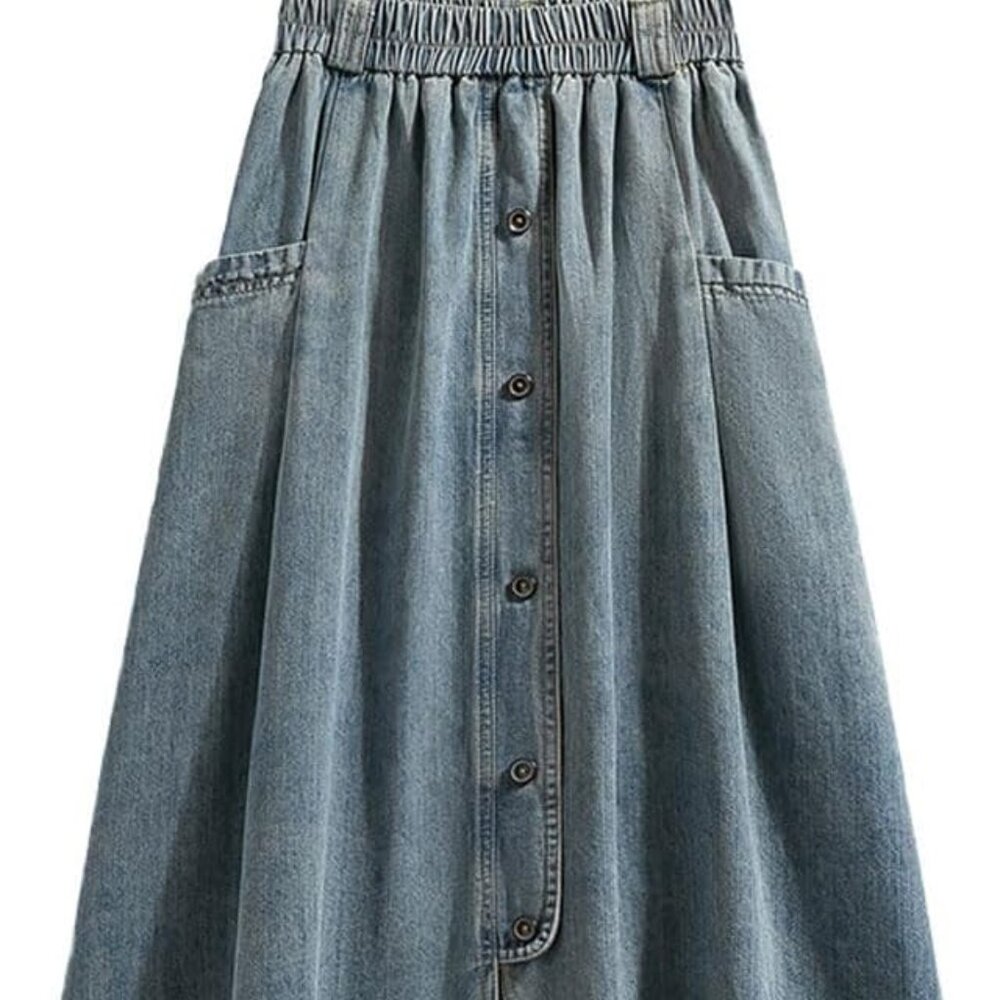 Denim Midi Skirt wth Front & Back Pockets & Faux Button Closing on Front